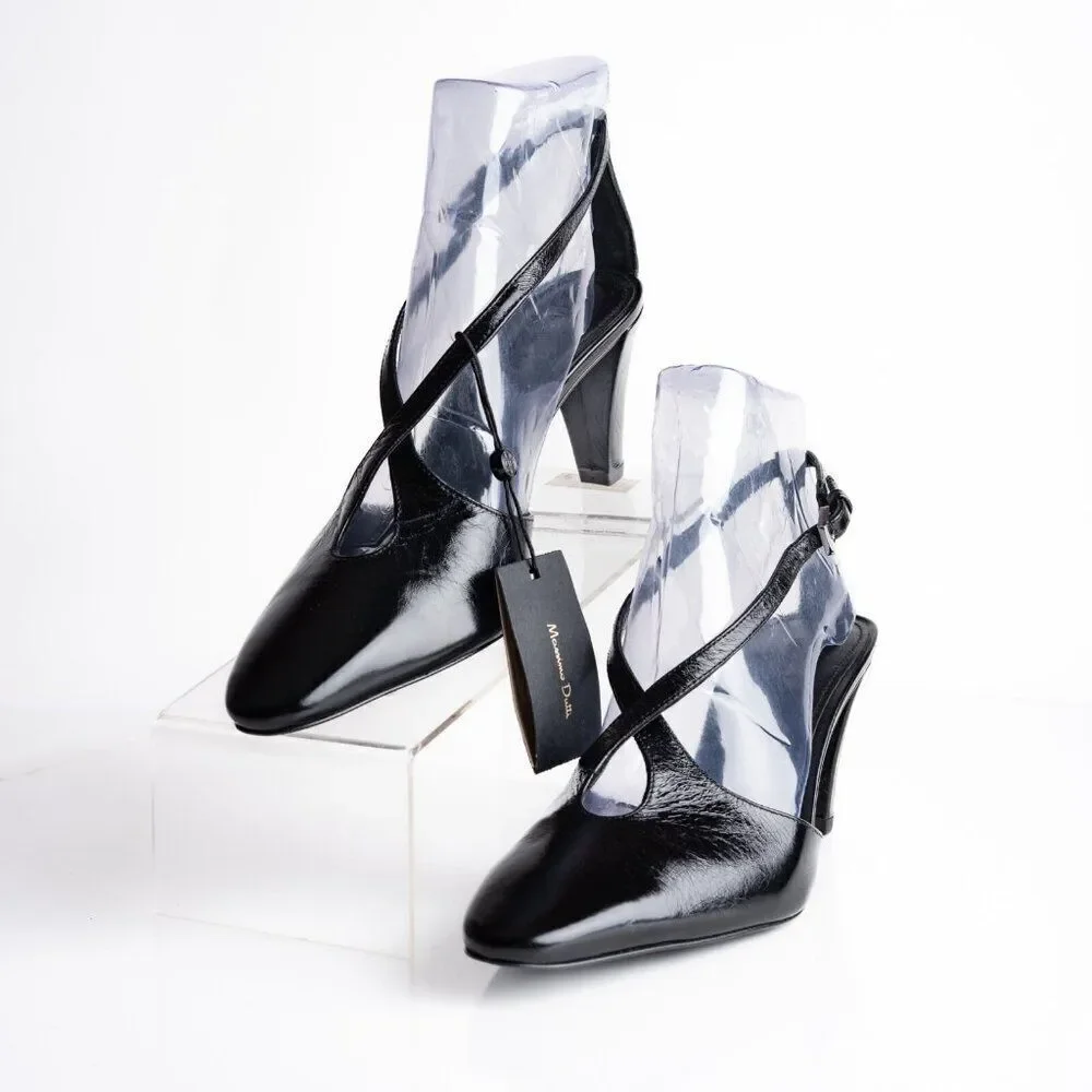 Massimo Dutti Womens Criss Cross Heels Slingbacks Black Leather US 7.5 EU 38 NWB